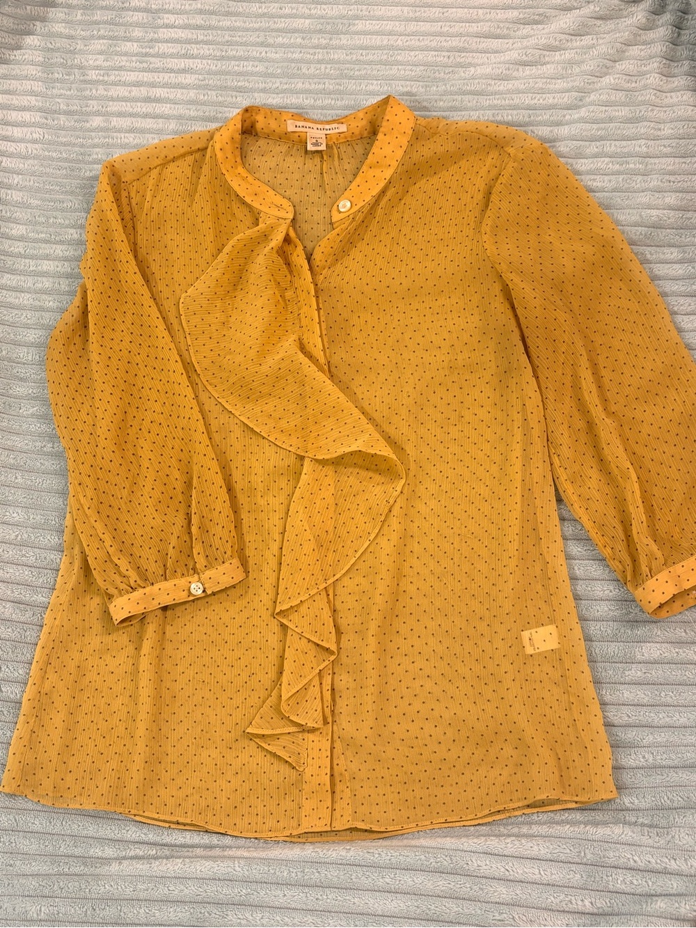 3/4 Sheer Yellow Polka Dot Ruffle Front Blouse